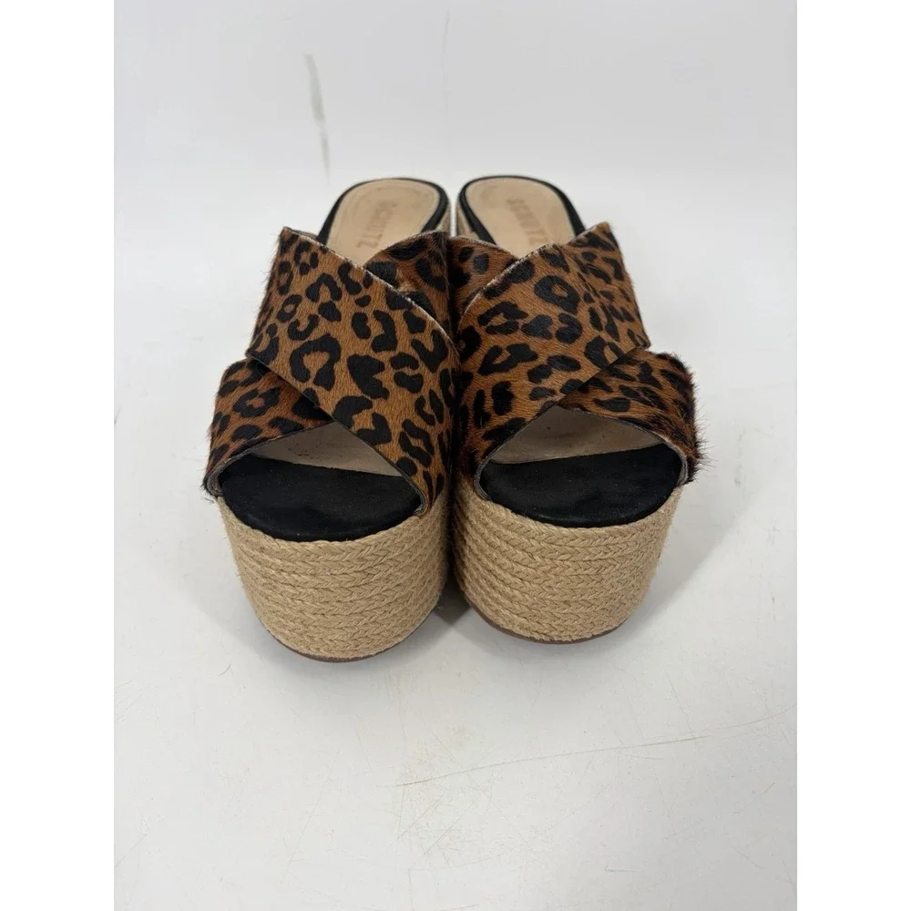 Schutz Lora Leopard Calf Hair Platform Espadrille Mule Heels Womens 7 Chunky